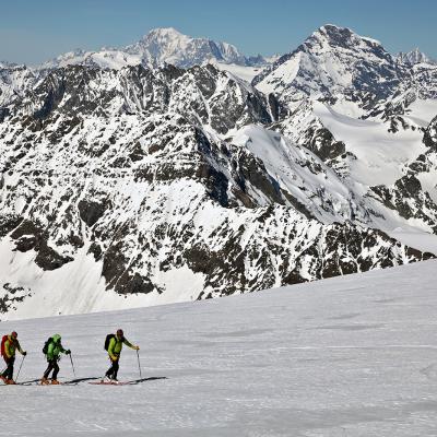 Devant le Mont Blanc, le Grand Combin, les Droites, la Verte, le Tour Noir, l'Aiguille d'Argentière et le Chardonnet